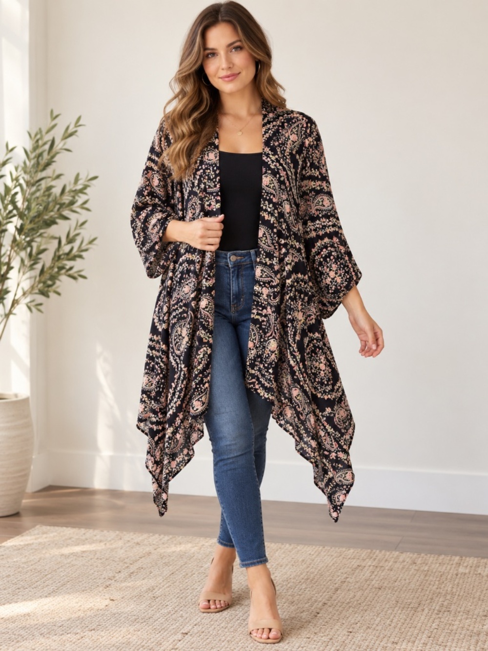 Patrons of Peace Black and Pink Paisley Open Drape Trench Coat